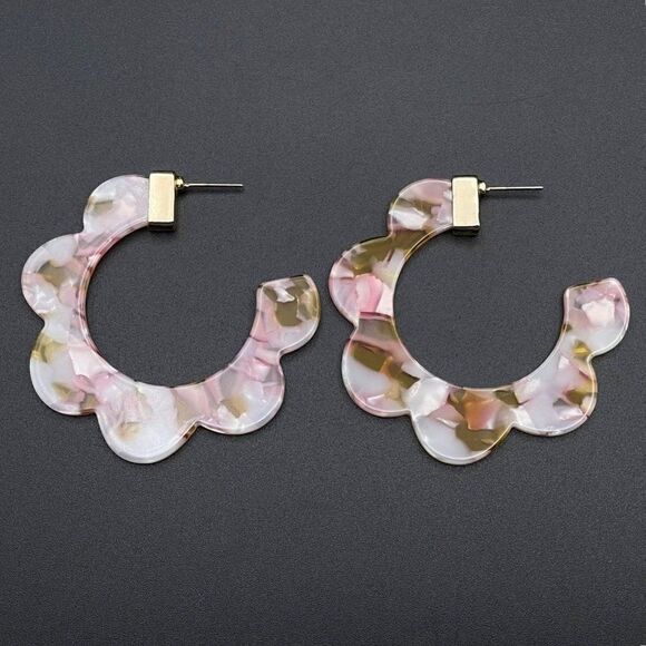 Yellow Gold with Gold and Pink Swirl Acrylic Scallop Hoop Post Back Earrings - Picture 2 of 10